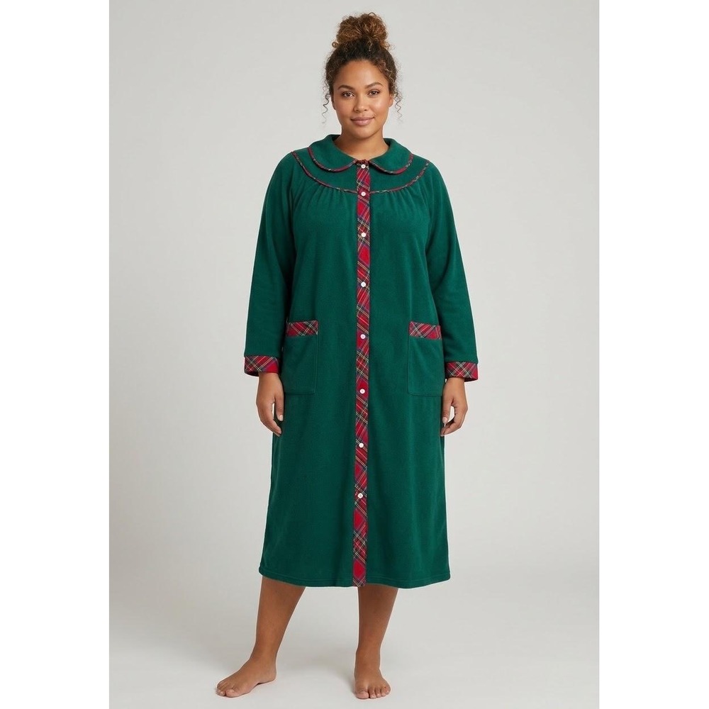 VTG Carole Nightgown Women Large Green Plaid Trim Fleece House Coat Deadstock